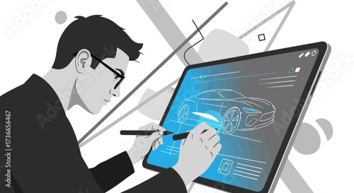 Engineer Designing A Modern Car On A Digital Tablet With Futuristic Technology