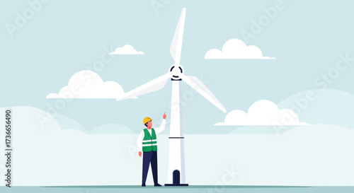 Engineer Inspecting a Wind Turbine, Generating Green Energy in a Sustainable Environment