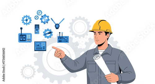 Engineer pointing to gears and system components designing a construction plan illustration