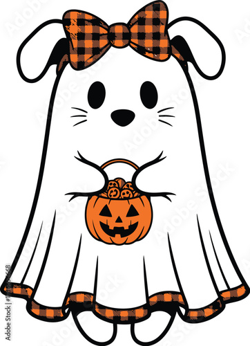 Cute halloween ghost dog with bow and pumpkin basket ready for trick or treating