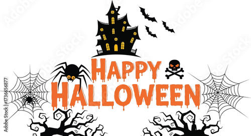 Spooky happy halloween design with haunted house bats spiders and spiderwebs art