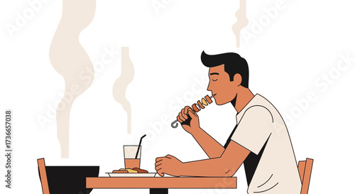 Enjoying A Tasty Grilled Skewer While Dining At A Simple Restaurant Illustration