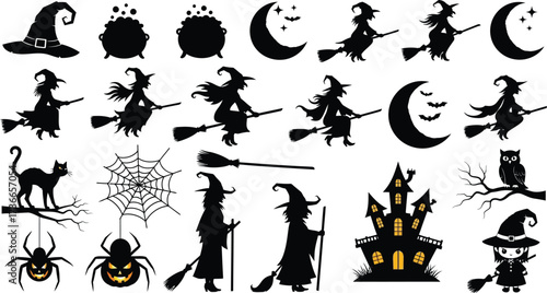 Spooky halloween silhouettes featuring witches cats spiders and haunted houses