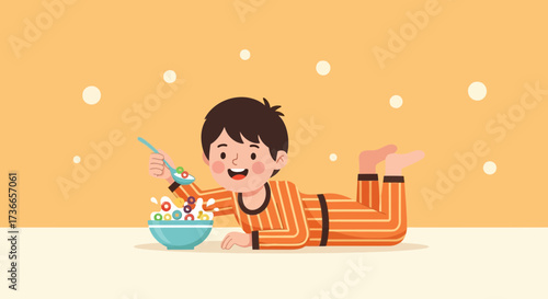 Enjoying Breakfast: A Smiling Child Relaxes While Eating Cereal Over An Orange Background