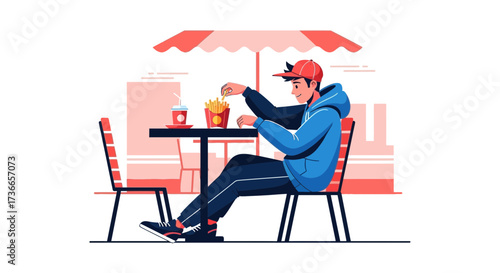 Enjoying Food: A Young Person Relaxes Outdoors at the Eatery Setting
