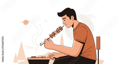 Enjoying Grilled Skewers: A Man's Simple Pleasure in An Outdoor Setting