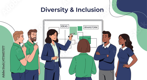 Diverse Team Brainstorming Ideas on a Whiteboard, Promoting Inclusion and Collaboration