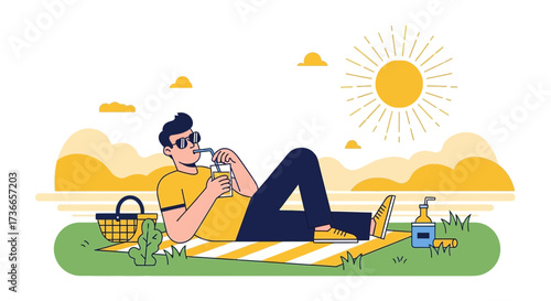 Enjoying Summer Afternoon; Relaxing On Picnic Blanket, Sipping Juice Under Sunny Sky View