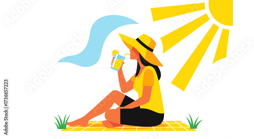 Enjoying Summer Leisure: A Woman Relaxes, Sipping Lemonade Under Sun