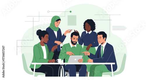 Diverse team collaborating on a project utilizing a digital tablet device at a modern office