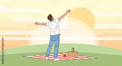 Enjoying The Sun: Man's Joyful Recreation And Delightful Picnic Moment Outdoors