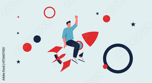 Enthusiastic Person Launches Into Space Aboard a Rocket Reaching For The Sky