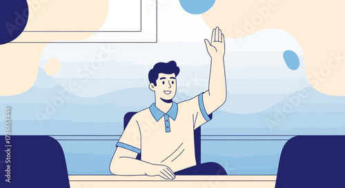 Enthusiastic Person Raising His Hand Eager To Participate In A Discussion