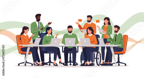 Diverse team working on a project at a table with laptops and tablets in an office