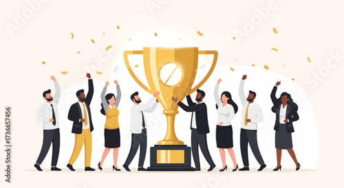 Enthusiastic Team Celebrating Victory With Golden Trophy And Festive Confetti