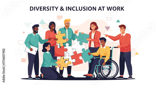 Diverse team working together with their pieces of jigsaw puzzle to solve problems at work