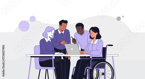 Diverse Team Working Together Using Laptop Including Person With Disability Focused