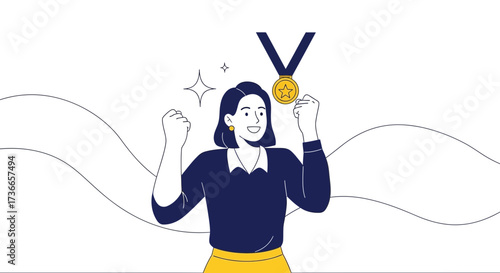 Enthusiastic Woman Celebrates Victory, Winning A Gold Medal, Happy About Success