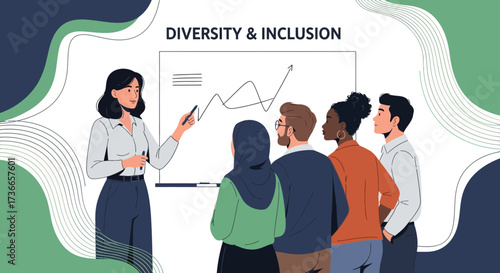 Diversity and inclusion meeting with a diverse group of people, teamwork illustration