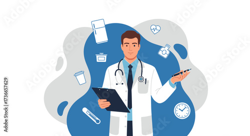 Doctor Analyzing Health Concepts and Time in Modern Vector Illustration Design