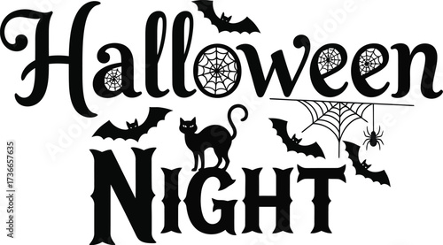 Spooky halloween night design with bats spider webs and a black cat silhouette