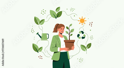 Environmental Conscious Woman Gardening, Sustainability, Eco-Friendly Living Concept Illustration