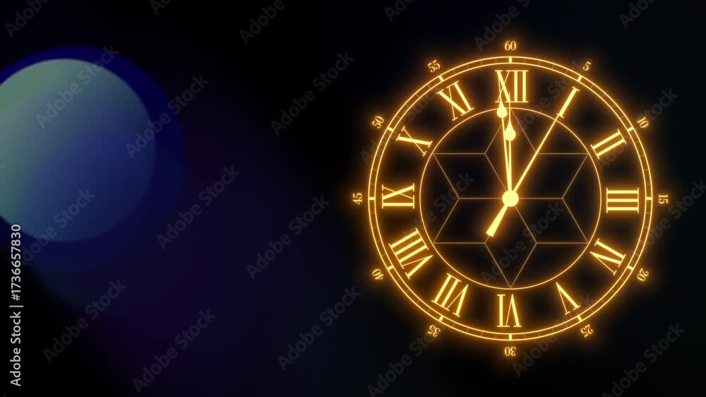 60 second countdown clock to midnight. Analog, classic clock face with copy space.