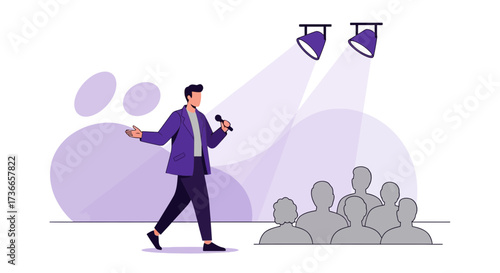 Dynamic Orator Addressing Audience Under Spotlights, Delivering Public Speech Artfully