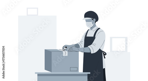 Essential Worker Preparing Package for Delivery: A Modern Illustration of Service During Times
