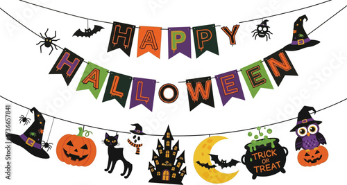 Festive happy halloween banner with spooky decorations hanging on a white background