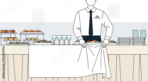 Event Buffet Conceptualization Depicting A Person Serving Food, Clean Lines And Design