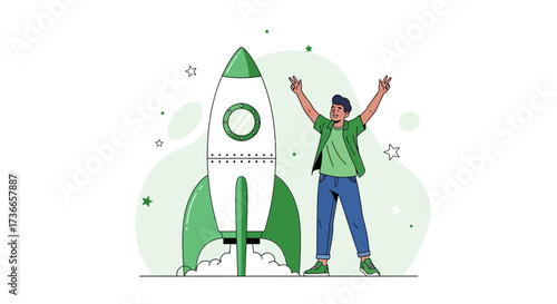 Excited Achiever Standing Beside Rocket Illustrating Future Endeavors And Success