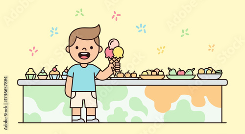 Excited Boy Holding Ice Cream Cone Enjoying Delicious Sweet Treats at the Dessert Shop