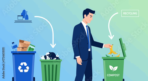 Eco Conscious Executive Segregating Recyclable Waste Materials in a Modern Office Setting