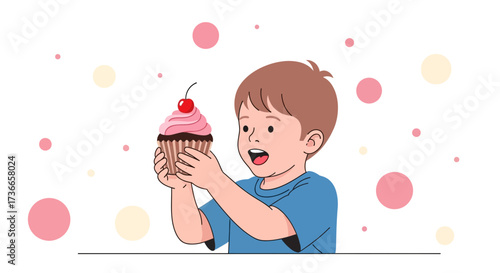 Excited Child Holding A Delicious Cupcake Decorated With A Fresh Cherry