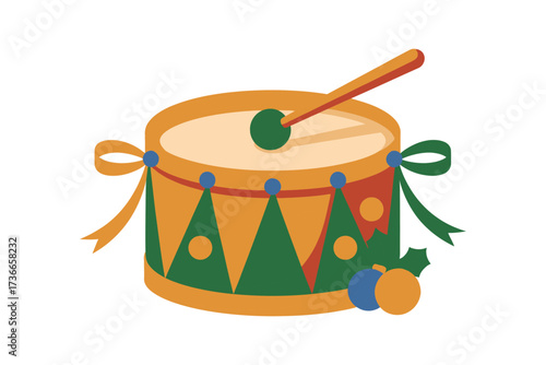 Illustration of a decorated drum with a drumstick on a white background