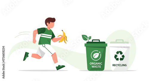 Eco-Conscious Individual Disposing Of Banana Peel In Organic Waste Bin Illustration