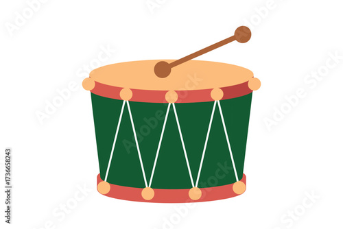 Illustration of a green and orange drum with a brown drumstick on top