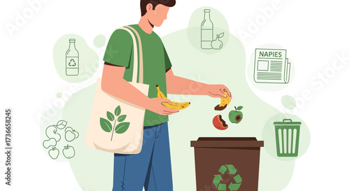 Eco-Conscious Individual Disposing Fruit Waste into a Recycling Bin, Environment Friendly