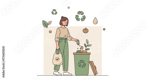 Eco-Conscious Individual Disposing of Biodegradable Waste into Recycle Bin for Sustainability