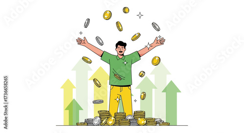 Excited Person Enjoys Financial Success with Coins Representing Profits And Growth