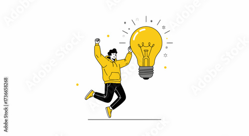 Excited Person Jumping With Huge Lit Light Bulb, Representing Great Idea and Innovation