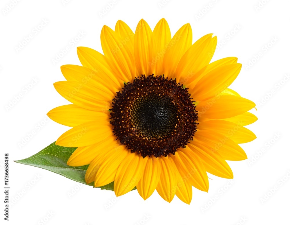 Fototapeta premium Vibrant yellow sunflower with a dark brown center and a single green leaf isolated on a clean white background for a fresh and natural feel