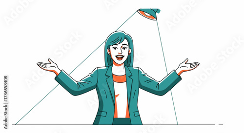 Excited Woman under Spotlight in Minimalist Illustration with Open Arms in Presentation