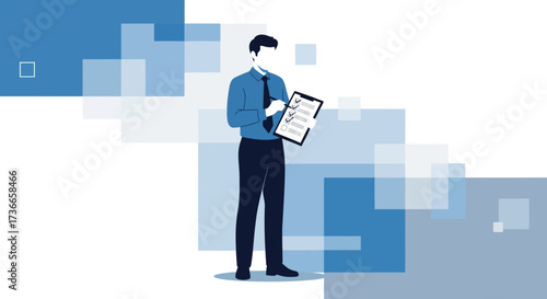 Executive Reviewing Checklist Amidst Abstract Geometric Blue Background for Company Compliance