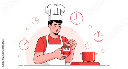 Experienced Chef Focused On Cooking With A Timer Showing Optimal Timing For A Great Meal