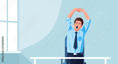 Exhausted Businessman Stretching and Yawning at His Office Desk After Work