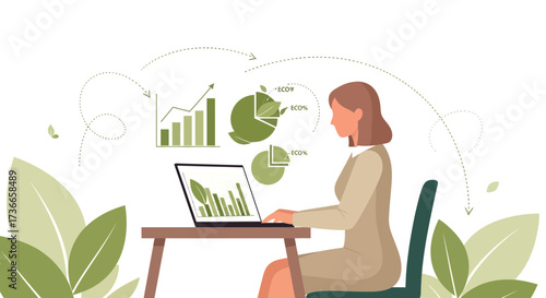 Eco-friendly business analyst working on sustainability reports and green data solutions