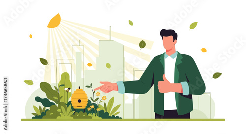 Eco-Friendly City: A Man Shows Sustainable Urban Living and Apiculture in a Sunny Day