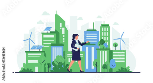 Eco-friendly city concept with businesswoman, wind turbines, and solar panels illustration